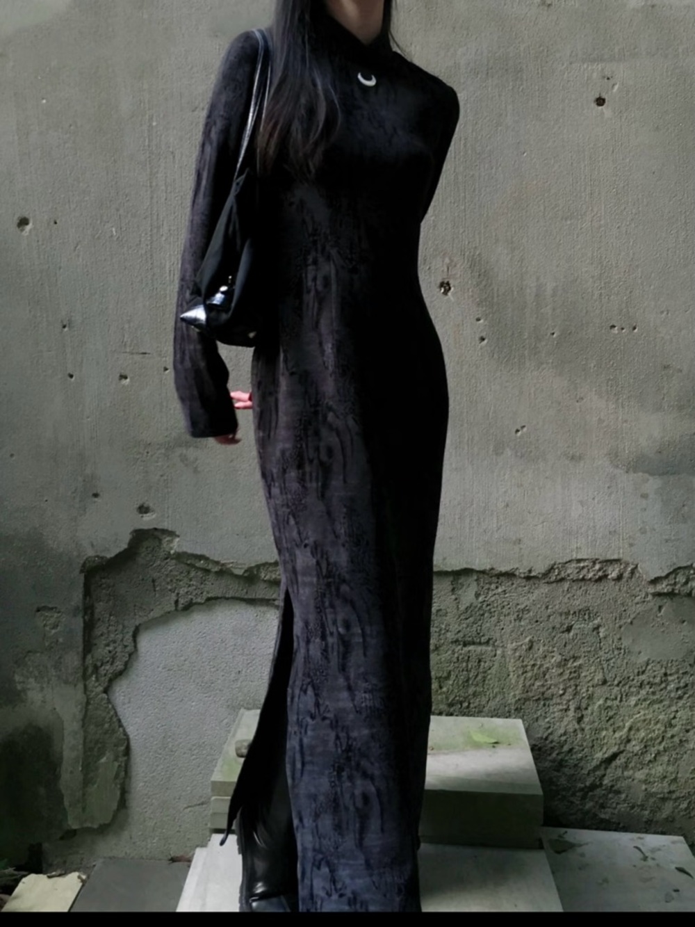 Black Long-Sleeve Maxi Dress with High Neck